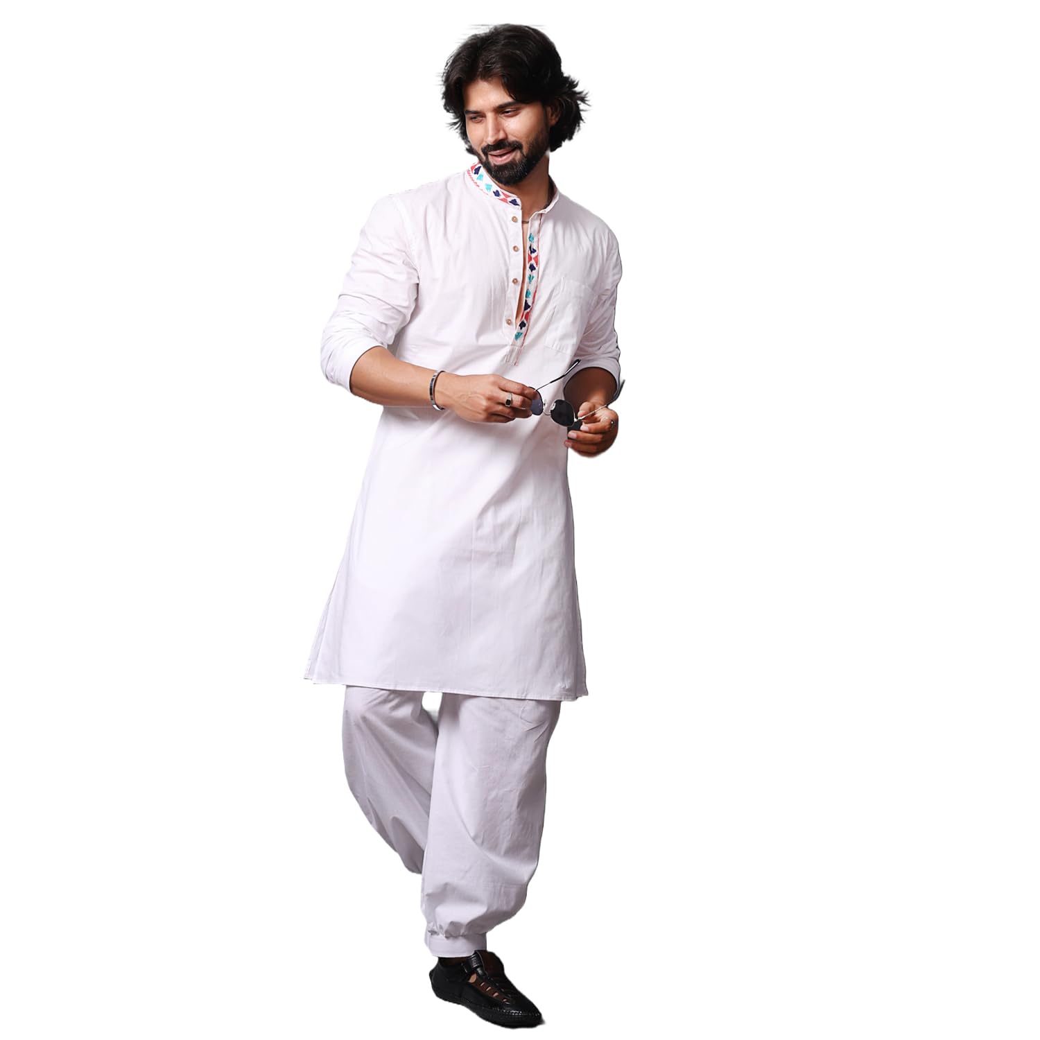 Vero Moda Men's Cotton Knee Length Straight Kurta | Side Slits | Mandarin Collar (IFK152-A) in neutral