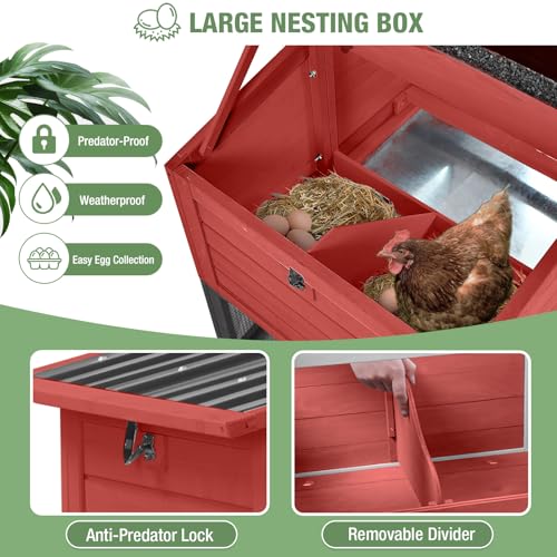 Image of Mobile Chicken Coop with Wheels for 4-6 Chickens, Large Outdoor Hen House with Run, Weatherproof Roof, Sectionable Nesting Box, Pull-Out Tray, 83.3 inch L x 26 inch W x 42 inch H - Red