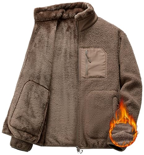 Image of PEGENO Men's Fuzzy Sherpa Warm Fleece Jackets Stand Collar Teddy Velvet Full Zip Outdoor Winter Soft Coat With Pocket,01 Brown,XXL