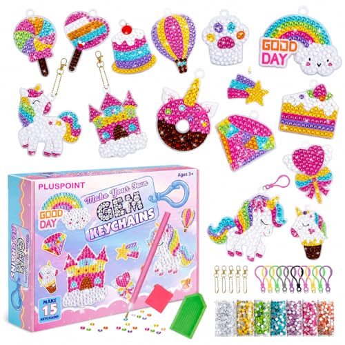 Image of PLUSPOINT Unicorn Diamond Painting Kit Gem Art Keychains, 5D Diamond Art Craft Kit for Kids, 15 PCs DIY Diamond Art Key Chains Creative Decorative Pendant Key Ring for Ages 5-12 Birthday Festival Gift