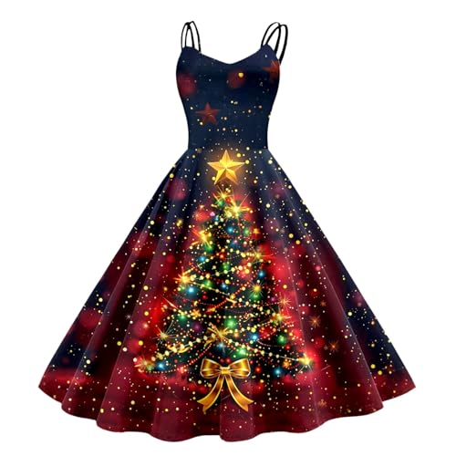Weihnachtskleid Damen Elegant, Kleid Weihnachten Damen, Mit Spaghetti Träger Weihnachts Kleider Weihnachtsbaum Muster Tunikakleid Hepburn A-Linie...