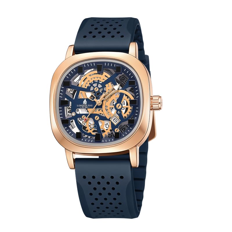 Image of London Fog Strand Collection Skeleton Style Quartz Watch for Men with Cushion Shaped Case, Date Display, Luminous Hands & Baton Hour Markers and Perforated Silicone Strap - LFM10026