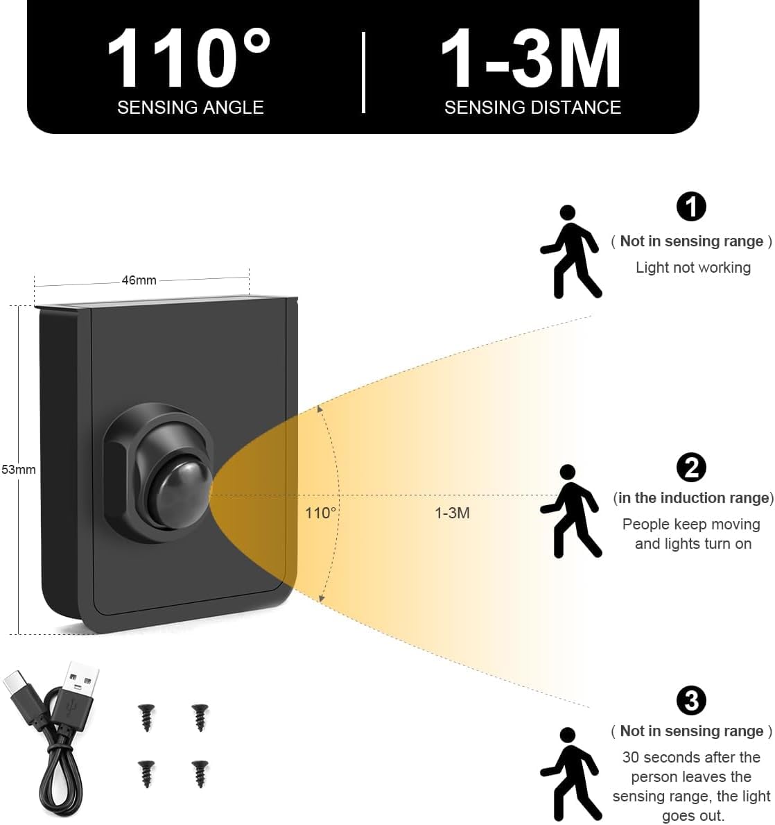 Striscia LED con 2 sensori di movimento 5M, 24V 320 LED/M con spina Striscia LED con alimentatore Autoadesiva 3000K Bianco caldo Luce attivata dal movimento per armadi Scale Corridoio,4500k,10M