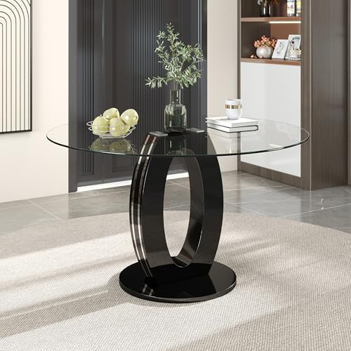 RGZ 47'' Modern Luxury Clear Glass Round Dining Table for 4-6, Glass Circle Top Kitchen Table with Elegant Silver Decorative Strips & Black Base, Circular Apartment Dinner Table for Home, Living Room