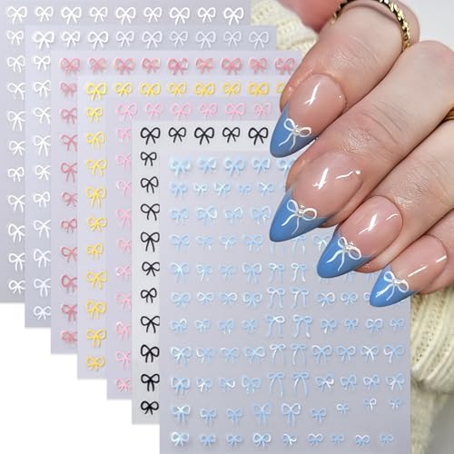 7Sheets Colorful Bow Nail Art Stickers 3D Self-Adhesive Nail Decals Pink Blue Mini Cute Elegant Lace Bow Tie Nails Design Bow Tie Nail Supplies Bow-Knot nail Accessories for Women Girls Manicure Decor