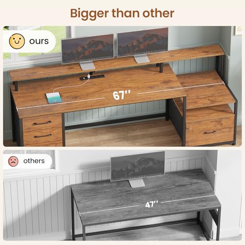 Image of SEDETA Home Office Desk with File Drawer & Power Outlet, 66'' Computer Desk with 5 Drawer, Storage Shelves, Printer Cabinet and Monitor Shelf, Gaming Desk with Led Lights, Rustic Brown