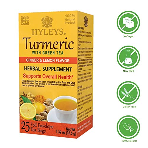 Hyleys Turmeric Tea - Green Tea With Ginger And Lemon Flavor - 25 Tea Bags - (100% Natural, Sugar Free, Gluten Free And Non-Gmo) #TOP5