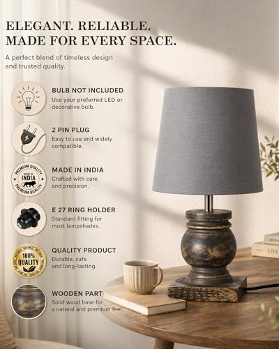 Image of Homesake Small Table Lamp for Bedroom Living Room Simple Retro Grey Distress Wood Grain Farmhouse Bedside Lamps Suitable for Nightstand, Desk Light, Gift, Trophy, (Gray Drum Shade)