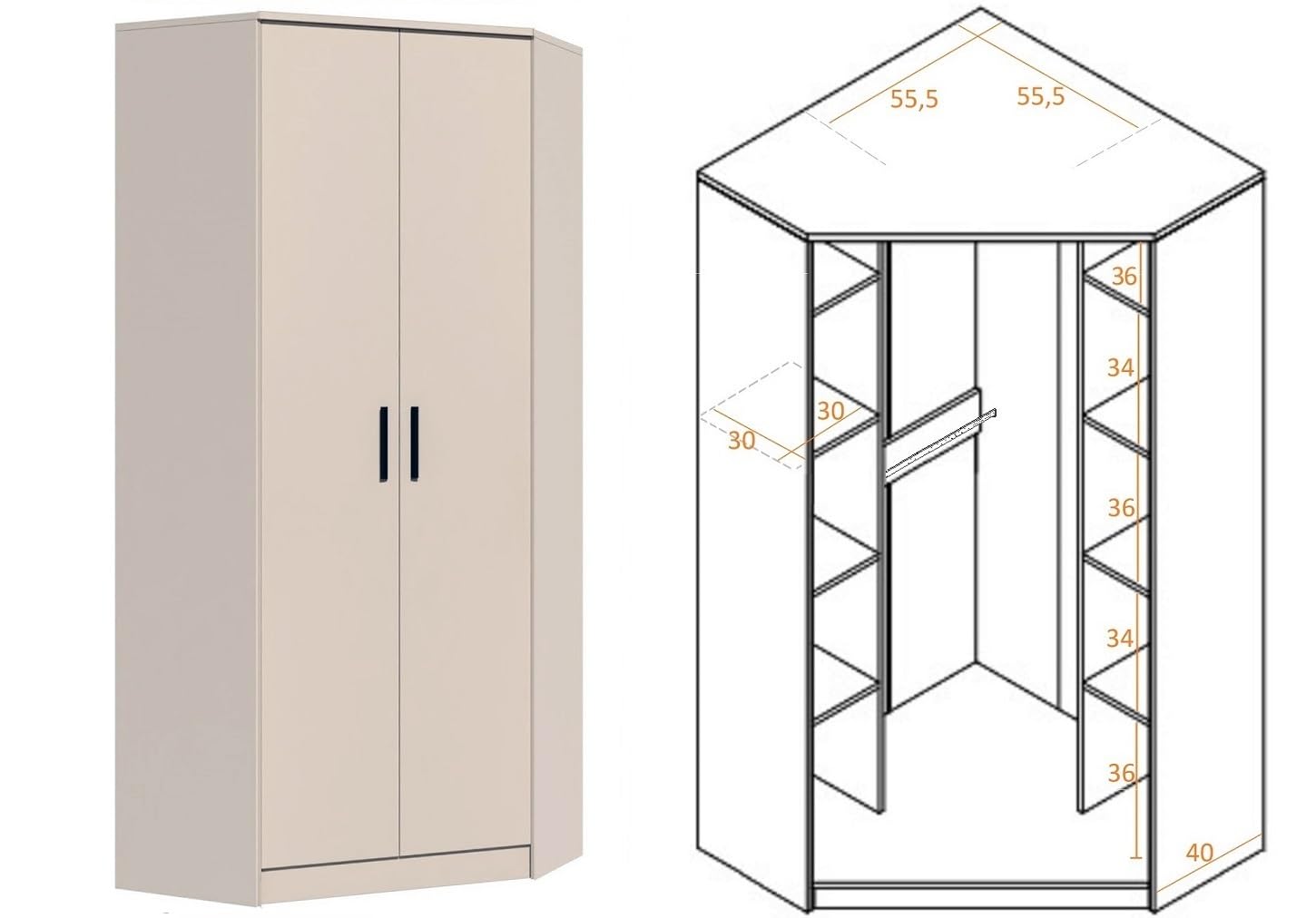 Eckkleiderschrank Set Gustavo 12 mit Schrankerweiterung 40 cm Eckschrank mit Regal Kleiderschrank Schlafzimmer Möbel Schrank Schlafzimmer Kinderzimmer CASCHMERE, Eiche Riviera