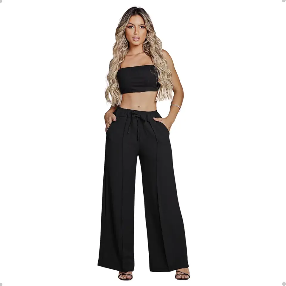 Calça Feminina Pantalona Cintura Alta Cós Largo Duna