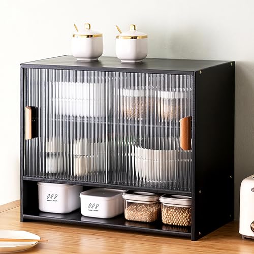 Comparison: Best Cabinet Colors For Black Countertops 9 Bamboo Storage Cabinet Kitchen Pantry Sideboard with Acrylic Door Corner Bread Box Adjustable Shelf Countertop Storage Cabinet for Spice Seasoning Bottles Dish Bowl Food (Black, 3 Tiers)