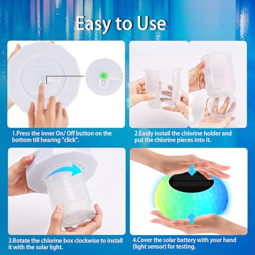 Solar Pool Chlorine Floater, Floating Pool Dispenser with Color Lights, Adjustable Release & Easy Opening to Fit 1"& 3" Chlorine Tabs, Remote Control Chlorine Floater for Hot Tub Spa
