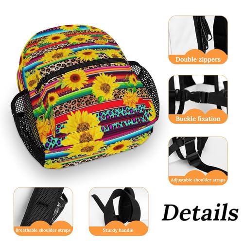 Sunflower Leopard Colorful Mexican Serape 13 Inch Backpack Lightweight Double Shoulder Bag with Zippers Unisex Daypack3