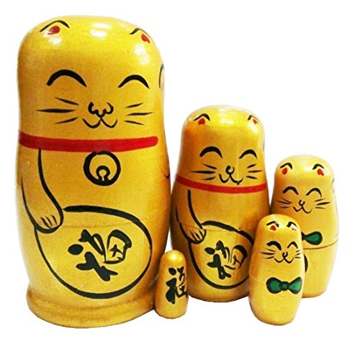 Winterworm Set of 5 Maneki Neko Lucky Cat Golden Wooden Traditional Russian Nesting Dolls Japanese Chinese Character Fu Handmade Christmas Birthday Gift for Kids Boys Girls Home Decoration