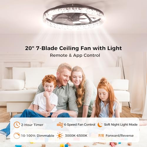 Image of Crystal Ceiling Fans with Lights and Remote, 20 inch Low Profile Flush Mount Ceiling Fan with 7 Blades, 6 Speeds, 3CCT Dimmable LED Light (3000K-6500K), Modern Fandelier Ceiling Fans for Bedroom