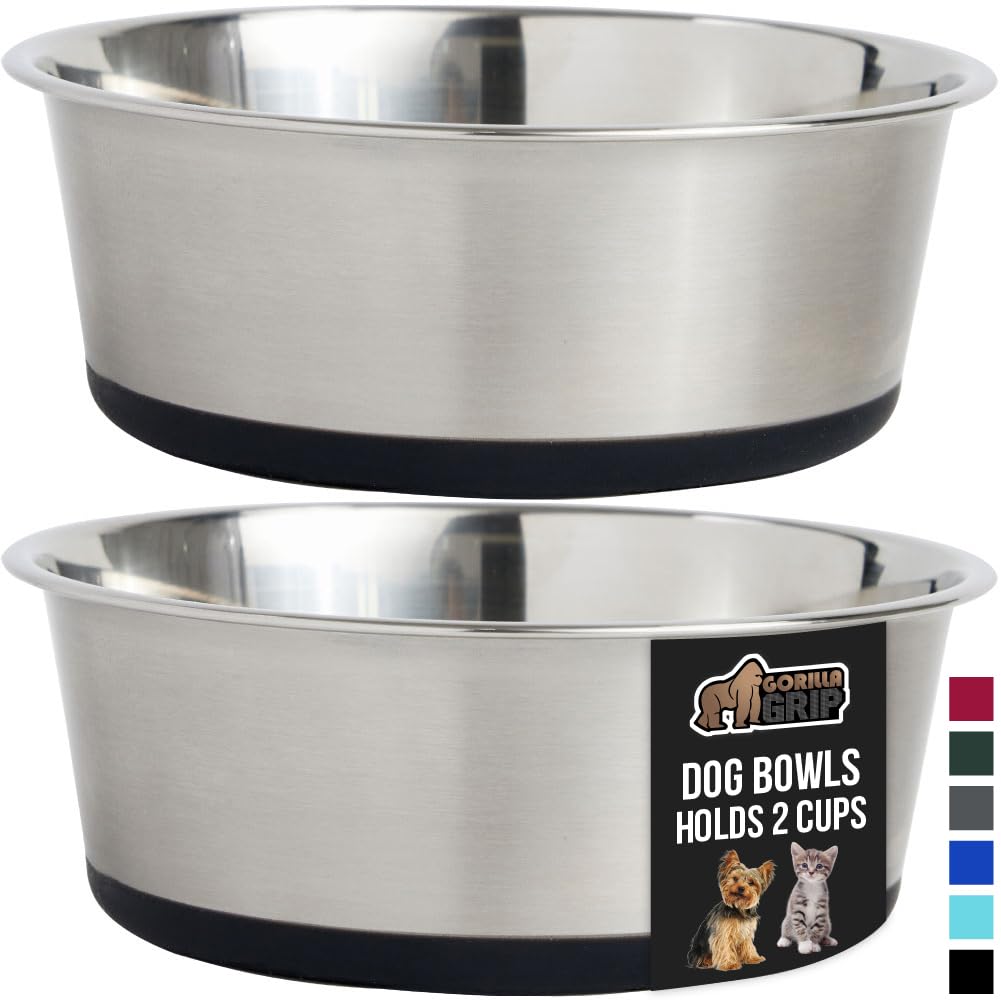 Gorilla Grip Stainless Steel Metal Dog Bowl Set of 2, Rubber Base, Heavy Duty, Rust Resistant, Food Grade BPA Free, Less Sliding, Quiet Pet Bowls for Cats and Dogs, Dry and Wet Foods, Black, 2 Cups