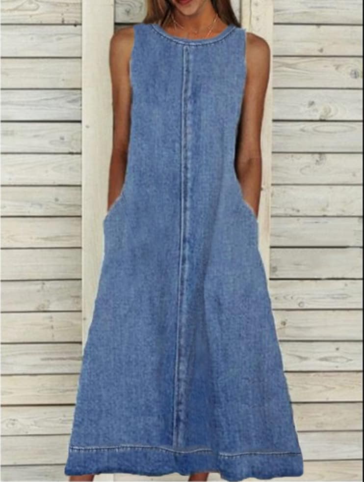 Women's Casual Sleeveless Denim Dress Summer Loose Jean Dresses Maxi Length Tank Dress with Pockets2