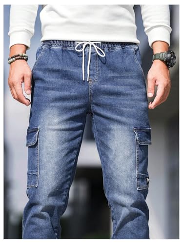 OYOANGLE Men's Flap Pocket Jogger Cargo Jeans Drawstring Waist Skinny Denim Pants Trousers4