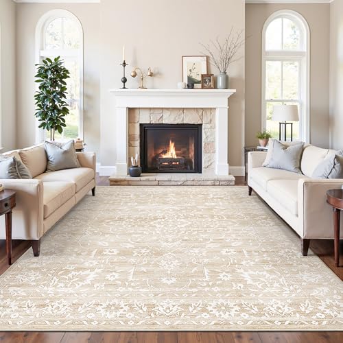 Soalmost 8x10 Washable Area Rugs for Living Room, Vintage Floral Non-Slip Low Pile Natural Rug Soft Throw Large Carpet for Dining Room Bedroom Home Office (Beige, 8'x10')