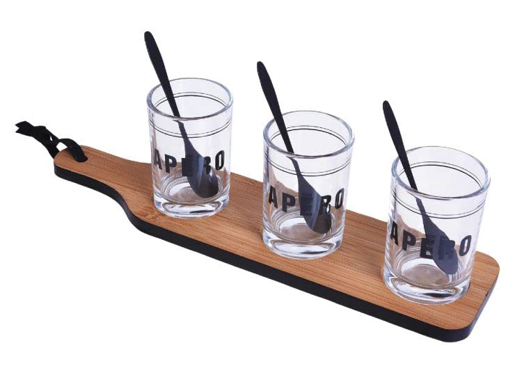 Koopman Wooden Serving Board with 3 Glasses Set for Drinks, Appetizers, Starters, Amuse-Bouche and Hors D'Oeuvre