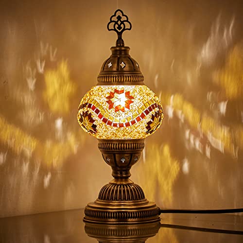 Demmex Handmade Colorful Mosaic Glass Table Desk Bedside Lamp Lampshade With Antique Brass Base, Small 11.8X5.5 (Amber Nights) #TOP30