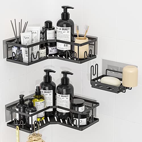 Ssylqwj Estanteria Baño sin Taladro, Estanteria Ducha, Estantería Baño Esquinero Juego Estante Ducha con Jabonera Negro de 3 Piezas Adecuado para Champús, Geles de Ducha
