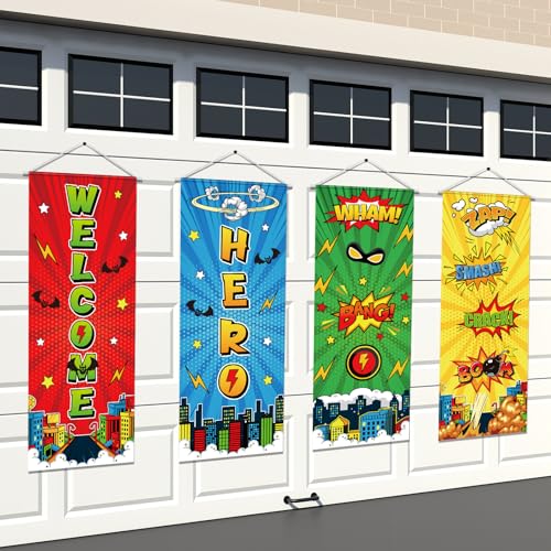 Image of Panelee 4 Pcs Hero Theme Party Banners Hero Party Decorations City Comic Skyline Porch Sign Hanging Door Banner for Cityscape Birthday Backdrop Supplies