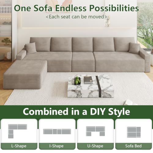 Image of Oversized Modular Sectional Sofa Couch, Large 6 Seater Corner Sofa Modern L Shaped Sectional Couch with Ottoman Cloud Couches for Living Room, Office, Spacious Space, Corduroy, No Assembly, Camel