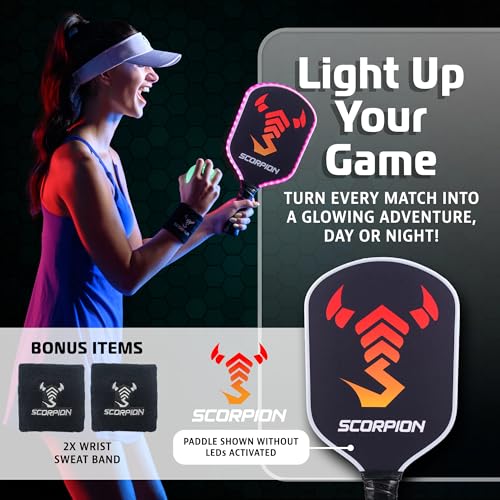 Image of SCORPION LED Pickleball Paddles Set of 2 or 1 - Lightweight Rackets with LED Edge Lighting | Carbon Fiber /Fiberglass /Wood Face | Durable Paddles for Women, Men, and Kids | Includes Bonus Accessories