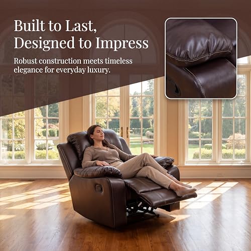Image of Single Leather Manual Recliner Chair, Oversized Lazy Boy Recliner with Home Theater Seating, Breathable Living Room Reclining Chair for Adults Reading, Gaming, Relax, Brown