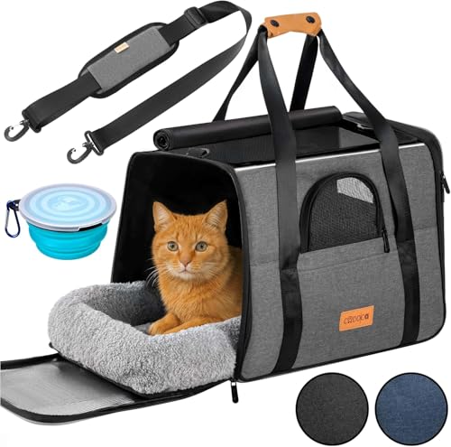 CADOCA® Transportbox Katzen bis 20kg faltbar Sonnen- und Regendach Schultergurt mit Napf Atmungsaktiv Komfortabel Wendekissen Haustier Katzenbox Tragetasche Hunde Auto Grau