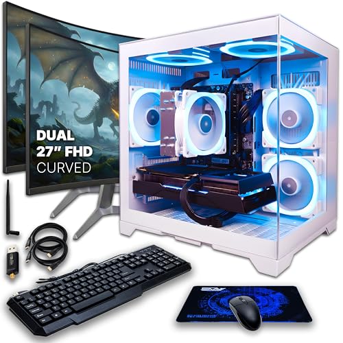 Image of SAAV Drex Prebuilt Gaming PC Bundle Desktop Tower Intel Core i7-12700KF GeForce RTX 5060 8GB GDDR6 Dual Curved 27in Monitors 32GB DDR4 1TB NVMe SSD WiFi 6 Windows 11 White RGB Computer PC Gaming