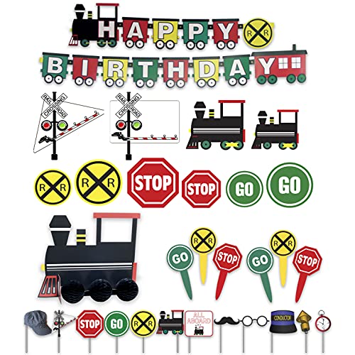 Havercamp Train Birthday Party Supplies: 7ft Happy Birthday Banner, Centerpiece, 12 Photo Props, 10 Cardboard Train Cutouts Decorations, 24 Party Picks