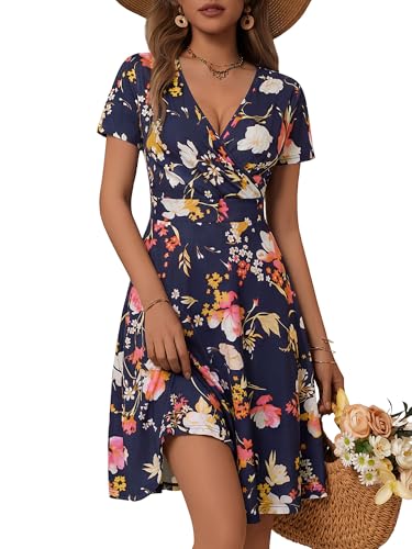 Image of MSBASIC Womens Summer Wrap V Neck Casual Dresses Floral Short Sleeve A-Line Midi Sundress