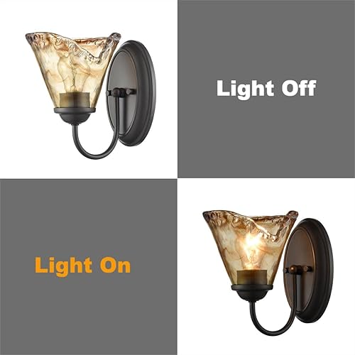 Miniatura 6 de DANSEER Aplique de pared de acabado rústico vintage con pantalla de vidrio ámbar brillante para baño, sala de estar, pasillo, escalera, juego de 2