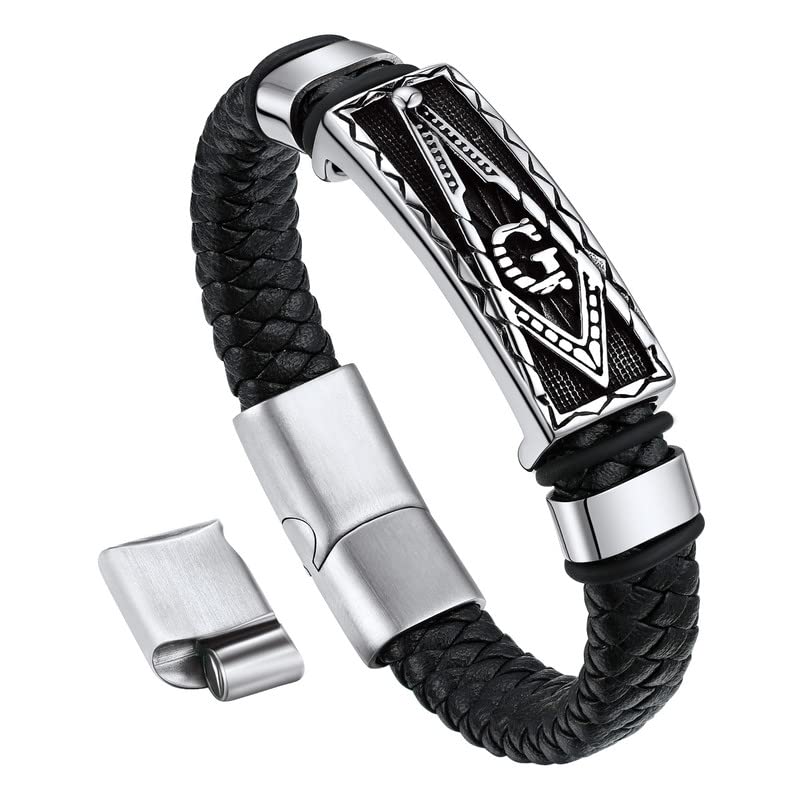 Bandmax Mens Black Leather Braided Wristband with Pendant Gothic Punk Leather Cuff Charm Bracelet Wristband with Stainless Steel Buckle -Gift Packed
