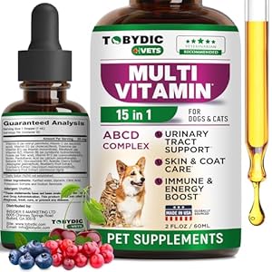 TOBYDIC Cat & Dog Multivitamin 21 in 1 Pet Supplements with Cranberry & Glucosamine – Natural Medicine & Support for UTI, Urinary Tract, Bladder, Kidney, Skin Coat, Joints Treatment Made in USA
