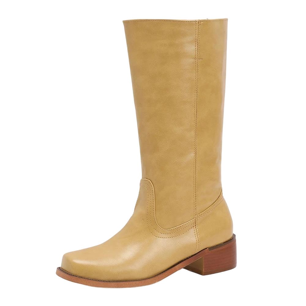 Womens Solid Square Toe Low Heel Slip On Knee High Vintage Riding Boots