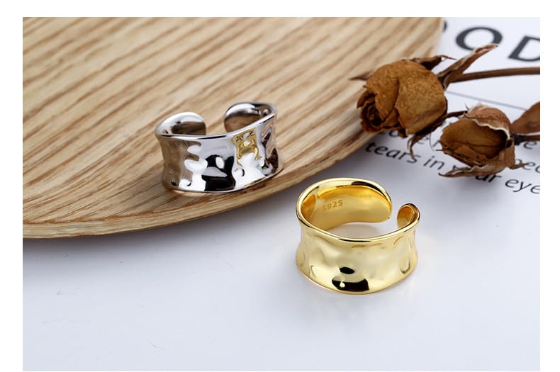 Ringe Silber,Leichter Luxuriöser Gehämmerter 925 Sterling Silber Ring Band Stapelbarer Daumen Goldring für Frauen Mädchen Minimalistischer Plissierter Offener Größenverstellbarer Ring
