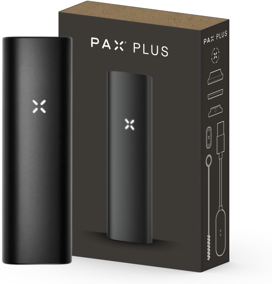 Pax Plus Starterset - Kombi Verdampfer für Kräuter - Umfasst Flache und Erhöhte Mundstücke, Brennkammerdeckel, Brennkammersieb, Drahtbürste, Usb Kabel – Onyx