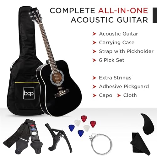 Best Choice Products SKY6094 41In Full Size Beginner All Wood Acoustic Guitar Starter Set W/Case, Strap, Capo, Strings, Picks - Black thumb #1