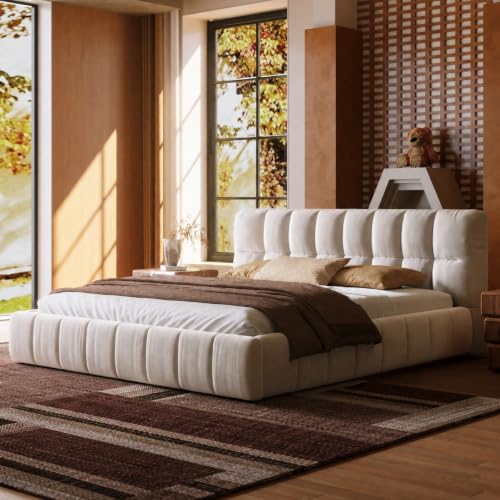 Kenhome Queen Size Modern Cloud Bed Frame 38.5 Tall Cream Upholstered Platform Bed with Thick Soft Headboard & Footboard for Bedroom Apartment (Beige Queen (U.S. Standard))