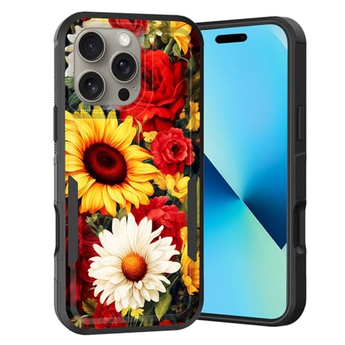 KJFHDJFDH for iPhone 16 Pro Case,Dual Layer Hybrid Heavy Duty Rugged Shockproof Hard PC +Soft Silicone Protective Case for iPhone 16 Pro 6.3 inch 2024,Sunflowers and Roses Pattern - image 1