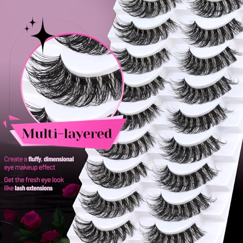 Veleasha Russian Strip Lashes with Clear Band Looks Like Eyelash Extensions D Curl Lash Strips 10 Pairs Pack (DT05) — view 6