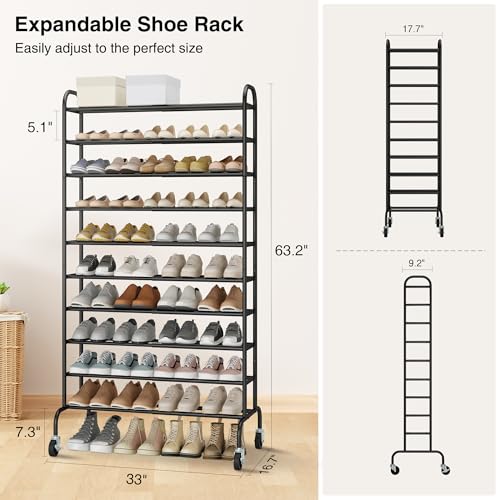 Image of STO STO Expandable Shoe Rack, 10-Tier Metal Tall Shoe Rack for Garage, Up to 44 Pairs Adjustable Shoe Rack Storage for Front Door Entrance, Free Standing Shoe Rack Organizer for Entryway, Black