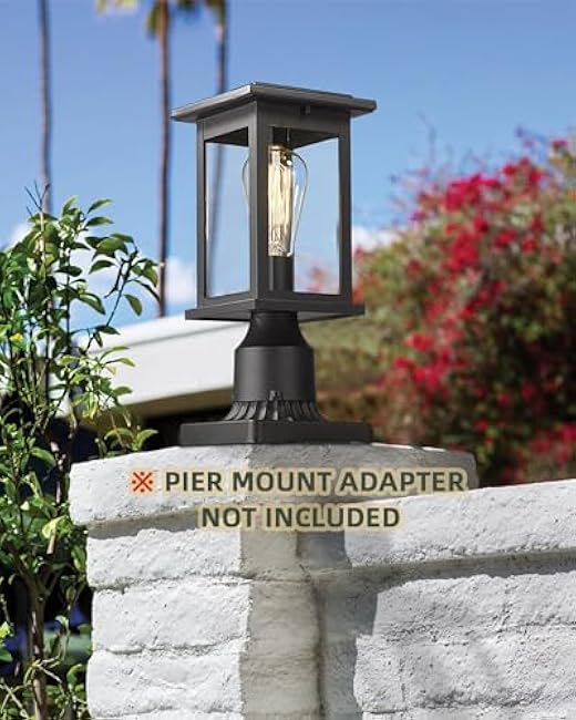 Outdoor Post Light Fixtures, HWH Exterior Pillar Lantern Pole Lamp in Matte Black Finish with Clear Glass Shade, 5HD37P BK