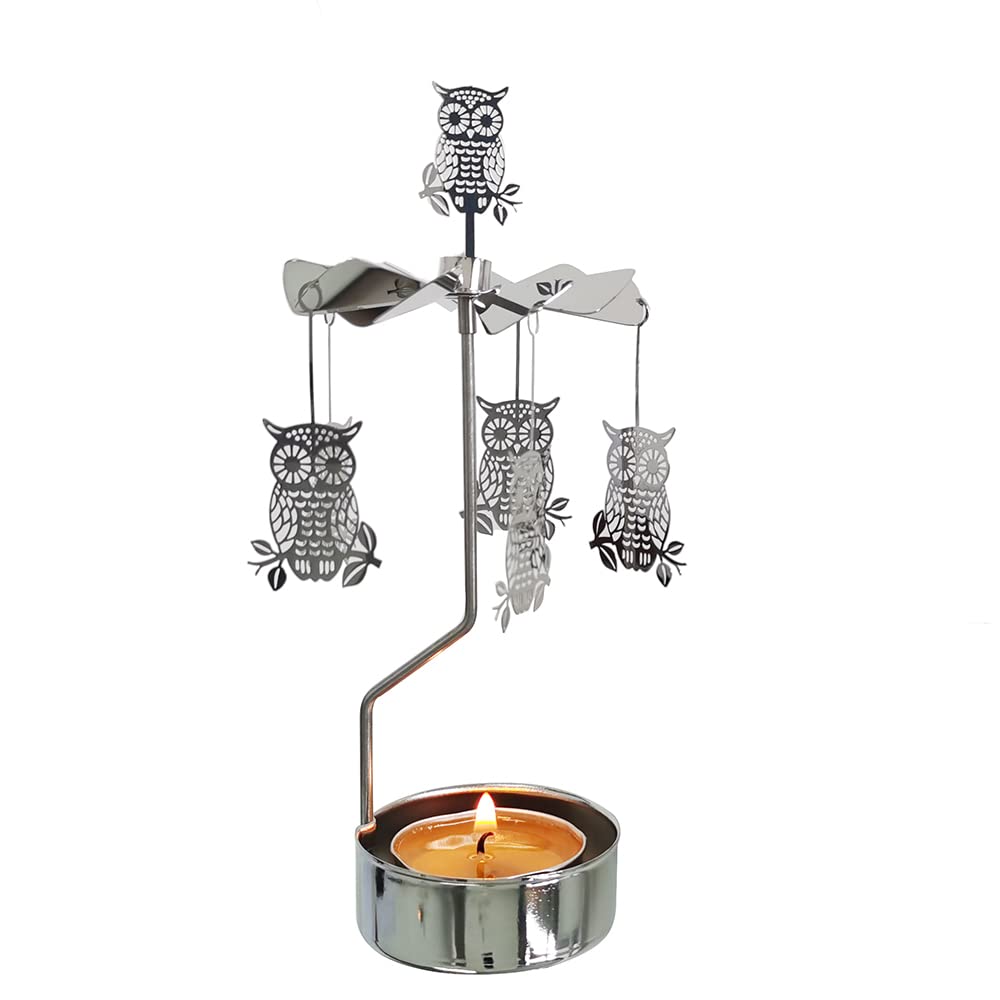 Kingnero Light Carousel Rotary Candle Holder Rotating Tea Candle Holder Spinning Candleholder (Owl)