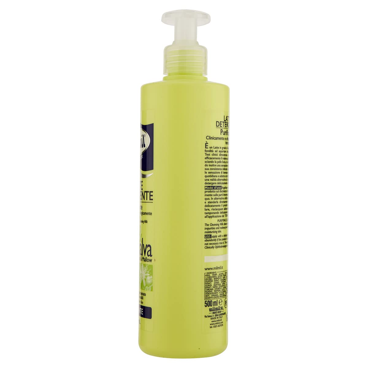 Milmil Reinigende und feuchtigkeitsspendende Reinigungsmilch, Duft Linde und Malve, mit Spender – 6 x 500 ml