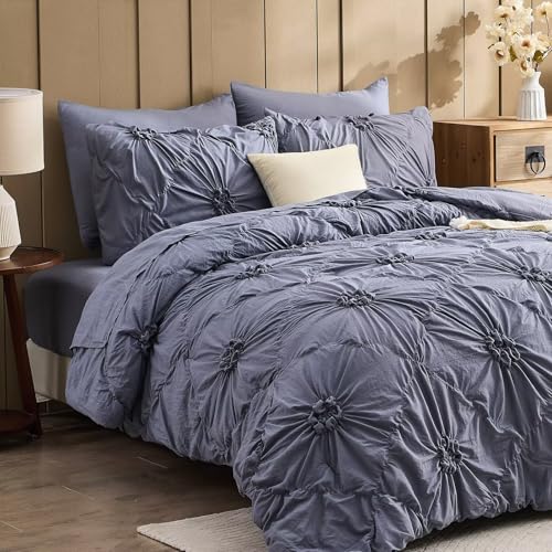 Image of Grey Comforter Set King Size Bed in A Bag 7 Piece Pinch Pleat Bedding Set,Pintuck Ruched Flowers Bed Set with Comforter, Sheets, Pillowcases & Shams