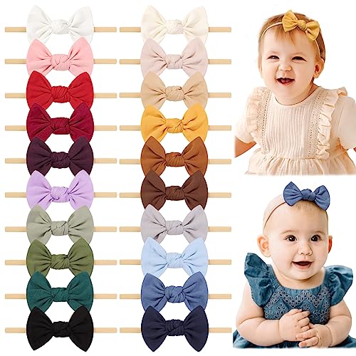 Image of jollybows 20PCS 3.6" Baby Girls Linen Headbands Hair Bows Stretchy Nylon Hairbands for Newborn Infant Toddler Hair Accessories